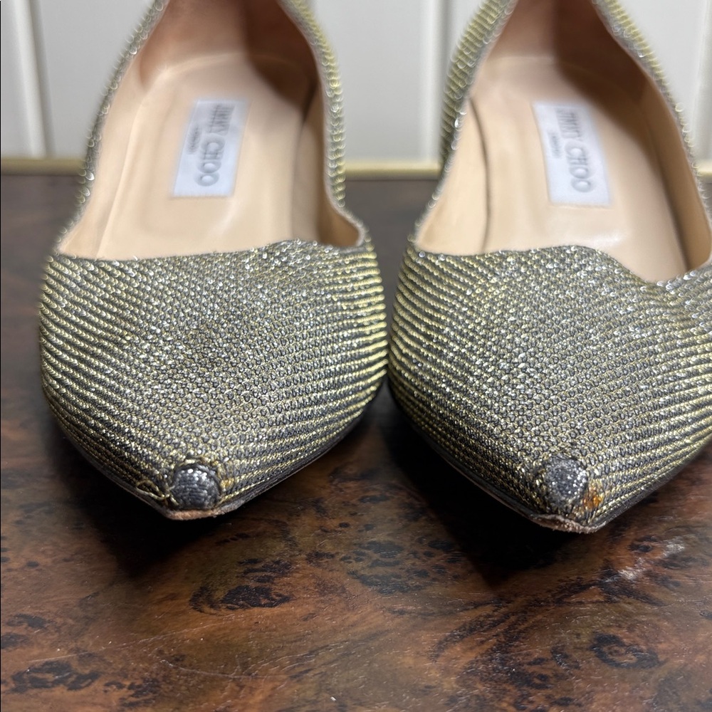 Jimmy Choo Metallic Gold Kitten Heels Pointed Toe Pumps Size 8.5 EU 38.5 - Picture 3 of 8